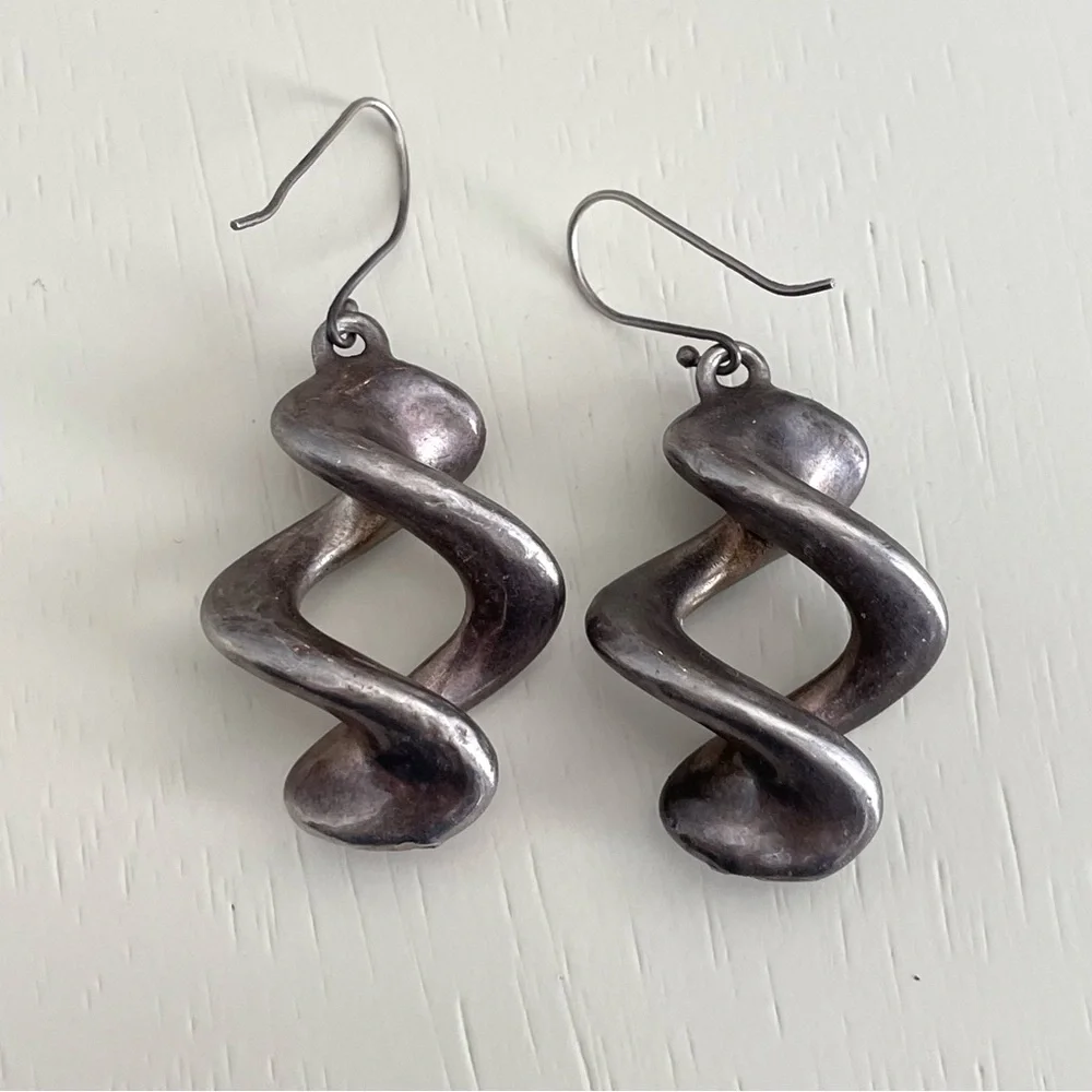 Vintage stamped 925 sterling silver Israel hollow twist dangle earrings Modernis